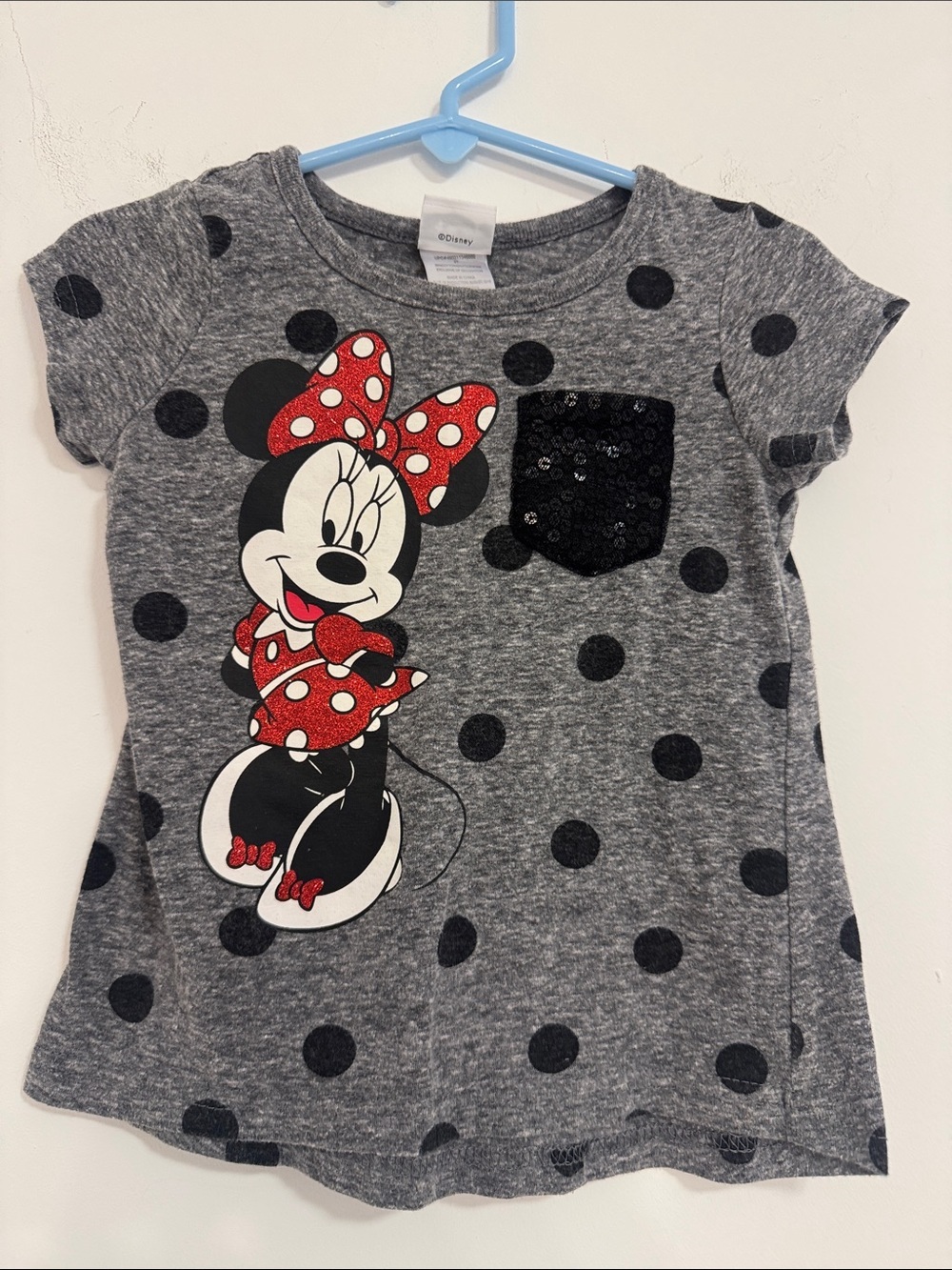 Disney Gray Polka Dot Minnie Mouse Tee with Red Bow